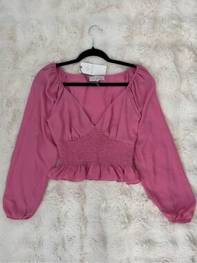 Wayf Rose Pink Smocked Peplum Long-Sleeve Top